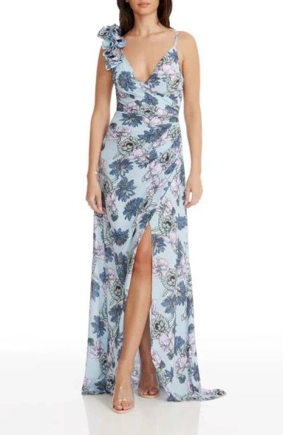 Dress The Population Camelia Floral Gown In Powder Blue Multi