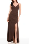 Dress The Population Camelia Ruffle Detail Gown In Brown