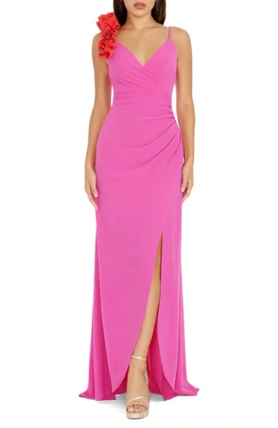Dress The Population Camelia Ruffle Detail Gown In Bright Fuchsia-poppy