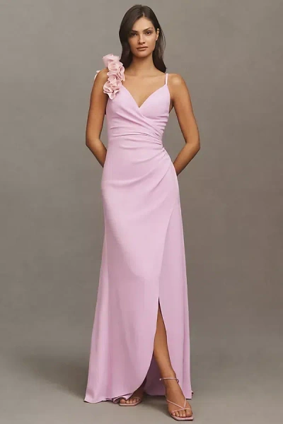DRESS THE POPULATION CAMELIA RUFFLE-SHOULDER V-NECK STRETCH CREPE MAXI DRESS