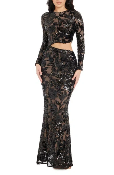 Dress The Population Candace Floral Sequin Cutout Long Sleeve Mermaid Gown In Black-beige