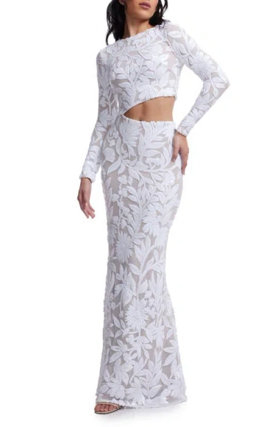 Dress The Population Candace Floral Sequin Cutout Long Sleeve Mermaid Gown In White-beige