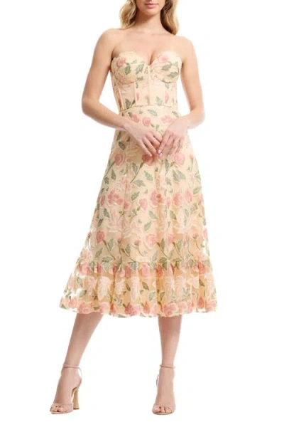 Dress The Population Carina Strapless Sweetheart Floral Ruffle Dress In Yellow