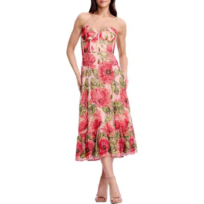 Dress The Population Carina Floral Embroidered Strapless Cocktail Dress In Red