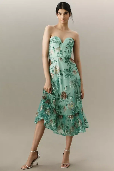 Dress The Population Carina Strapless Sequin Midi Dress In Green