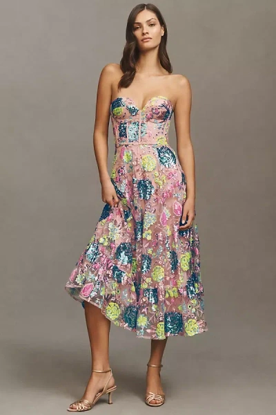 Dress The Population Carina Strapless Sweetheart Sequin Midi Dress In Pink