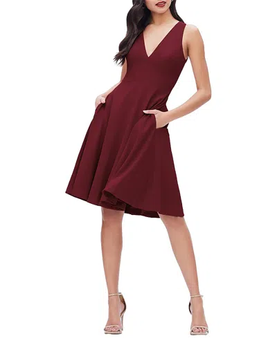 Dress The Population Catalina V-neck A-line Midi Dress In Burgundy