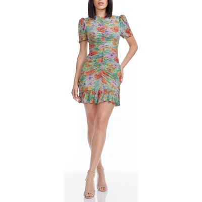 Dress The Population Chandler Floral Print Metallic Ruched Minidress In Green