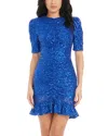 Dress The Population Chandler Sequin Short Sleeve Ruched Minidress In Electric Blue