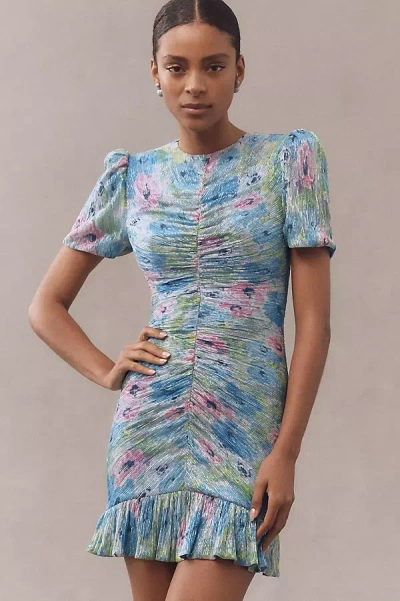 Dress The Population Chandler Short-sleeve Ruched Fitted Mini Dress In Green