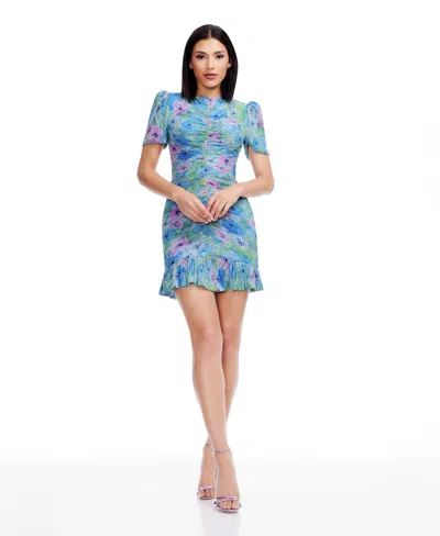 Dress The Population Chandler Women's Metallic Short-sleeve Bodycon Dress In Blue