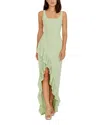 Dress The Population Charlene Square-neck Ruffle Side-slit Gown In Sage