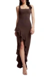 Dress The Population Women's Charlene Ruffled High-low Gown In Mocha