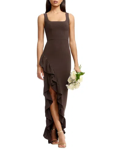 Dress The Population Charlene Square Neck Cascade Ruffle Gown In Brown