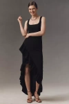 Dress The Population Charlene Square-neck Ruffle Side-slit Gown In Black