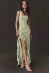 Dress The Population Charlene Square-neck Ruffle Side-slit Gown In Green