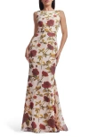 Dress The Population Cherilyn Floral Open Back Mermaid Gown In Cream Multi