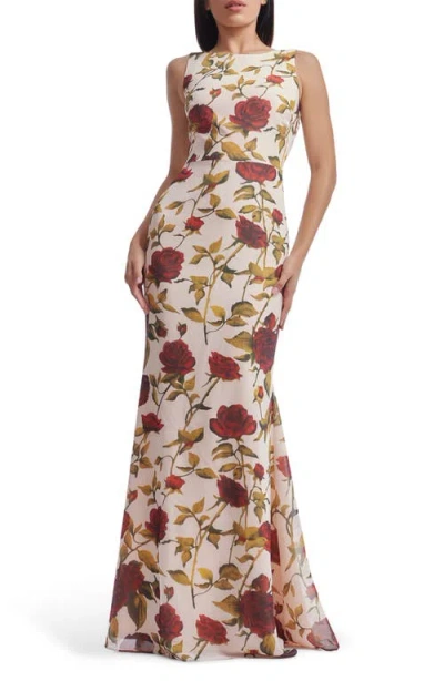 Dress The Population Cherilyn Floral Open Back Mermaid Gown In Cream Multi