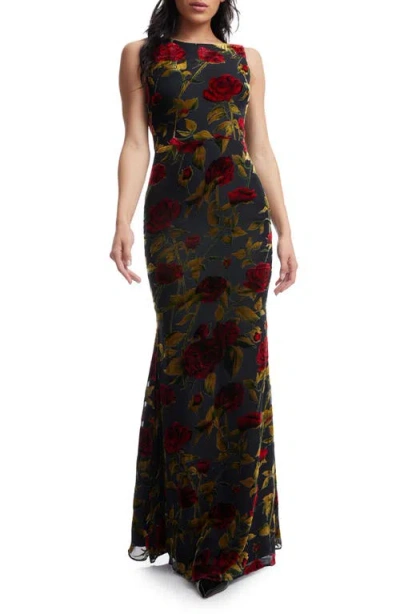 Dress The Population Cherilyn Floral Velvet Burnout Open Back Mermaid Gown In Black Multi