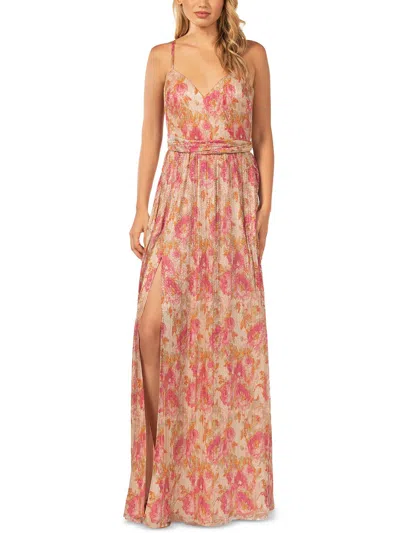 Dress The Population Chrissy Womens Metallic Floral Print Evening Dress In Pink