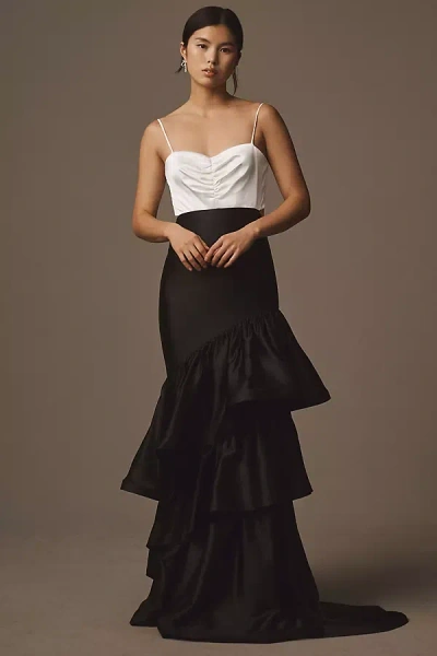 Dress The Population Clarice Two-tone Ruffled Tiered Maxi Dress In Black