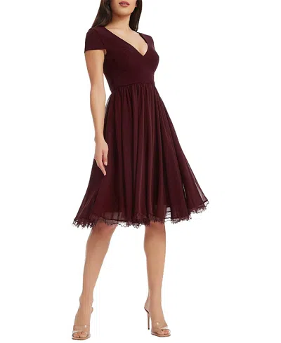 Dress The Population Corey Deep V-neck Lace Trim Midi Dress In Burgundy