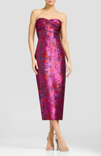 Dress The Population Dalia Floral Strapless Cocktail Midi Dress In Purple