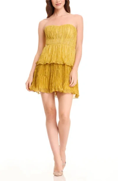 Dress The Population Darcy Strapless Crinkled Metallic Cocktail Minidress In Gold