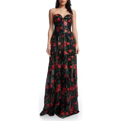 Dress The Population Daven Floral Print Sequin Strapless Gown In Rouge Multi