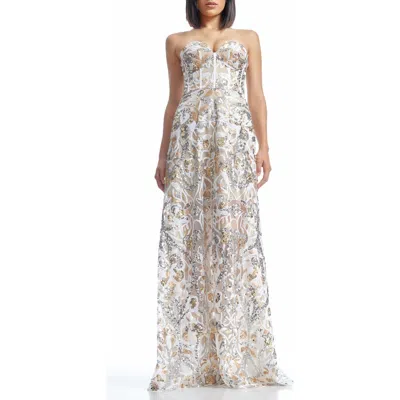 Dress The Population Daven Sequin Mixed Print Strapless Gown In Gold Multi