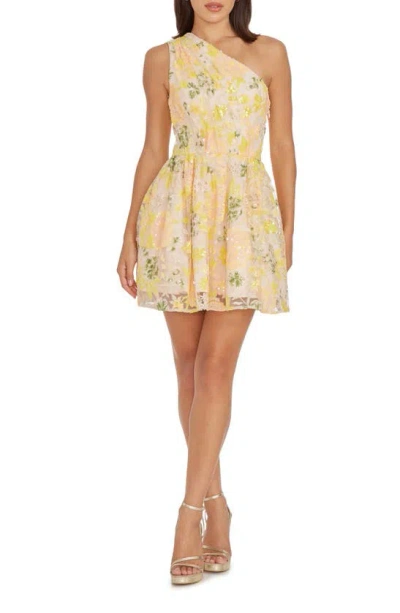 Dress The Population Delaney Floral One-shoulder Fit & Flare Minidress In Yellow