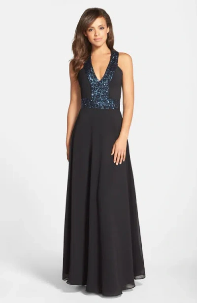 Dress The Population Delani Crepe Gown In Black