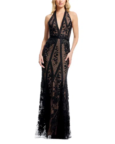 Dress The Population Devin Embroidered Lace Halter Evening Gown In Black