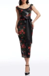 Dress The Population Dottie Floral Jacquard Sequin Midi Cocktail Dress In Rouge Multi