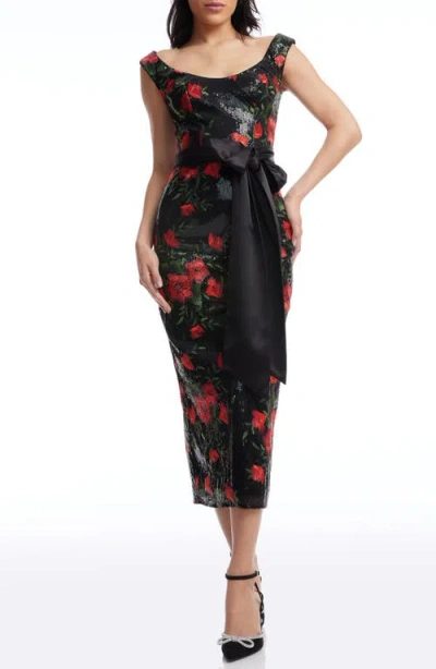 Dress The Population Dottie Floral Jacquard Sequin Midi Cocktail Dress In Rouge Multi
