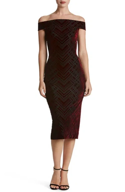Dress The Population Eden Geo Print Velvet Off The Shoulder Dress In Burgundy