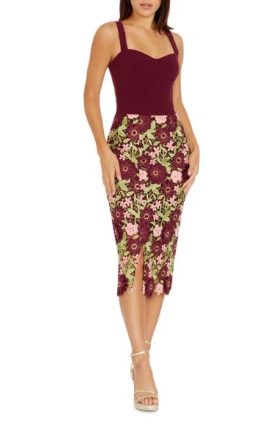 Dress The Population Ellina Guipure Lace Sheath Dress In Burgundy Multi
