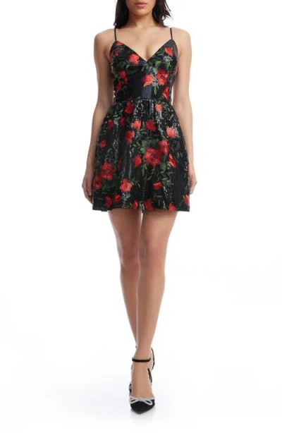 Dress The Population Elva Sequin Floral Print Minidress In Rouge Multi