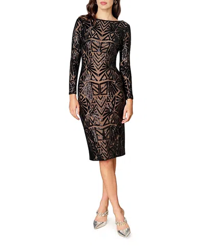 Dress The Population Emery Long Sleeve Chevron Sequin Midi Dress In Black