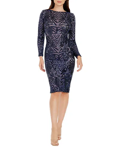 Dress The Population Emery Long Sleeve Chevron Sequin Midi Dress In Blue