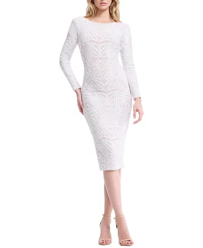 Dress The Population Emery Long Sleeve Chevron Sequin Midi Dress In White/nude