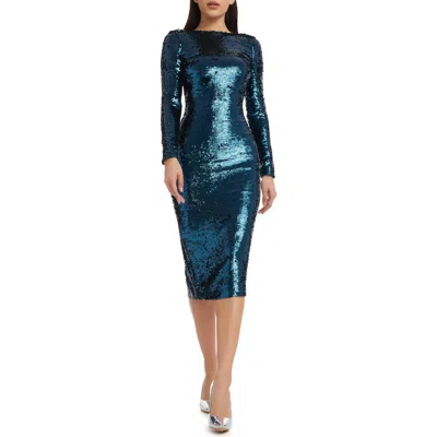 Dress The Population Emery Long Sleeve Sequin Cocktail Midi Dress In Blue