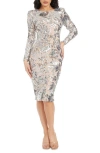 Dress The Population Emmalyn Floral Sequin Long Sleeve Body-con Cocktail Dress In Silver