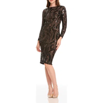DRESS THE POPULATION DRESS THE POPULATION EMMALYN SEQUIN DETAIL LONG SLEEVE COCKTAIL MIDI DRESS