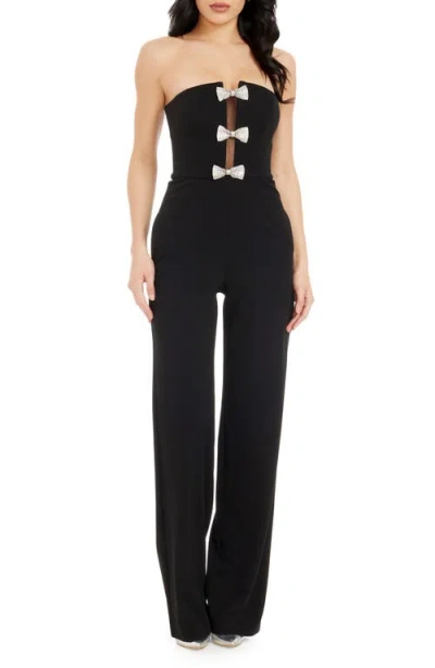 Dress The Population Erica Sequin Bow Strapless Wide Leg Jumpsuit In Black-silver