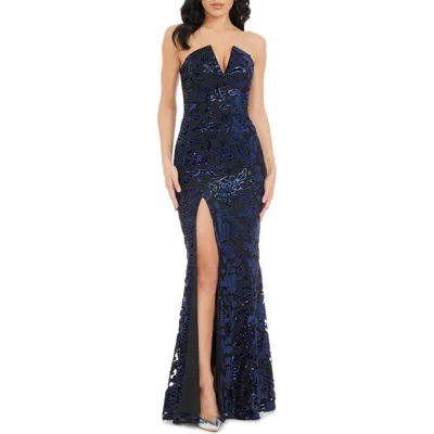 Dress The Population Fernanda Floral Sequin Strapless Evening Gown In Navy-black