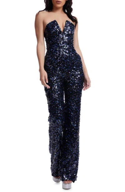 Dress The Population Fernanda Sequin Strapless Jumpsuit In Blue