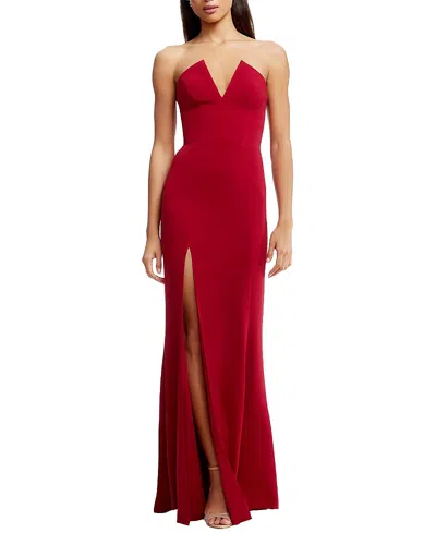 Dress The Population Fernanda Strapless Plunge V-neck High Slit Gown In Garnet