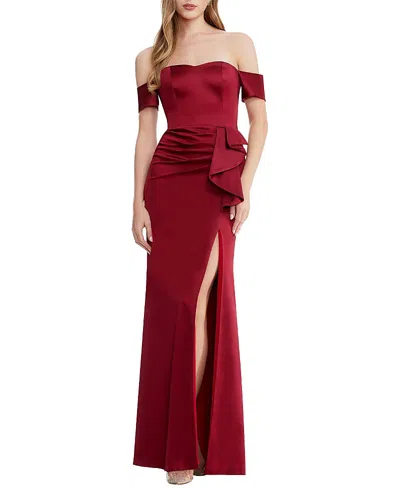 Dress The Population Gabrielle Off-the-shoulder Satin Ruffle Gown In Garnet
