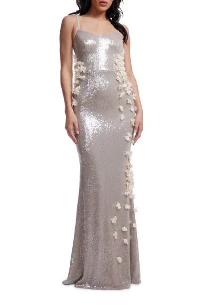 Dress The Population Giovanna Floral Appliqué Sequin Gown In Dark Pearl